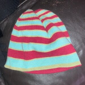 Striped reversible Beanie - Red, light turquoise and yellow/red-other side